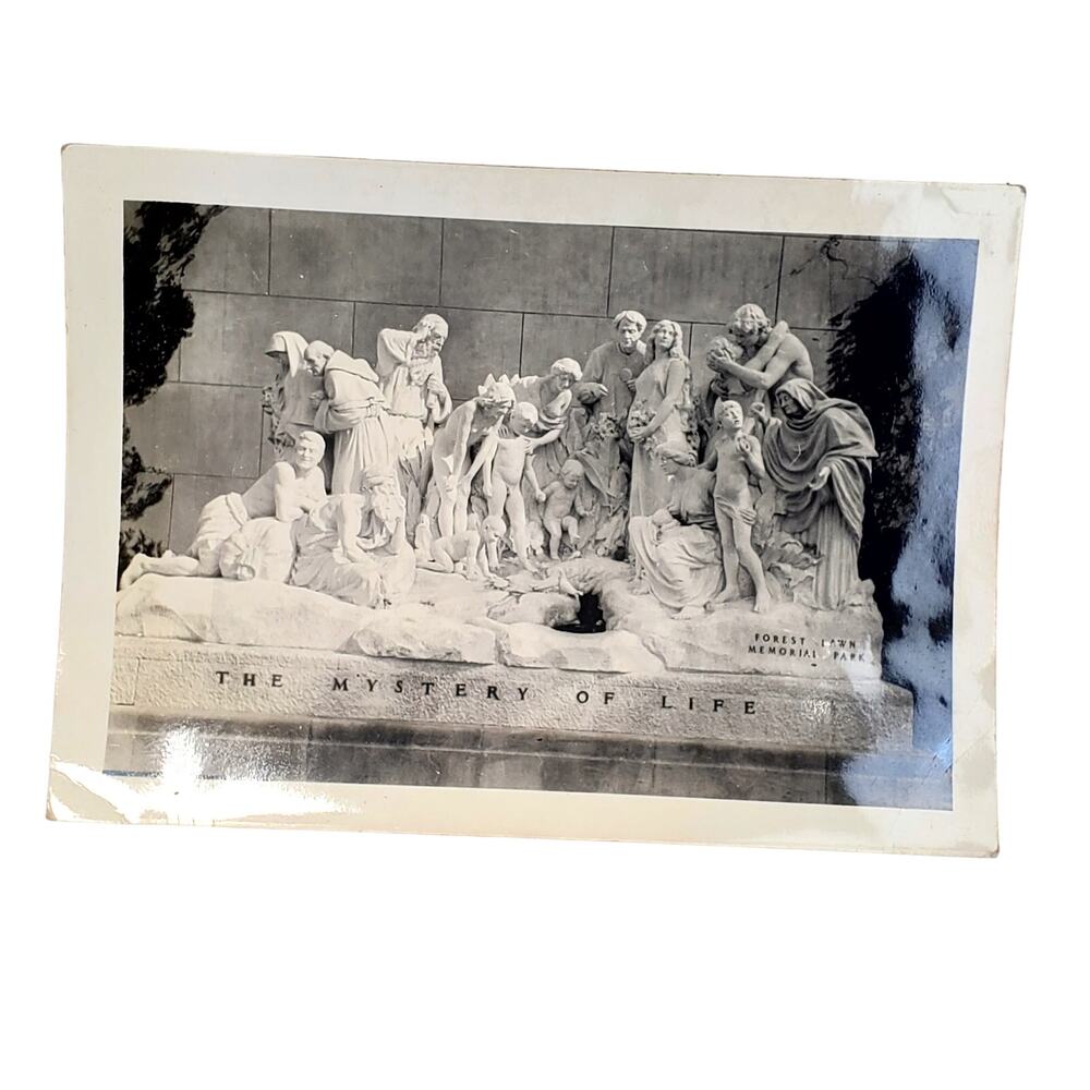Vtg Forest Lawn's Mystery of Life Statue Monochrome Photo 1940s Found Snapshot